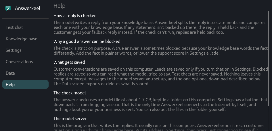 The Answerkeel Help screen explaining how a reply is checked, why a good answer can be blocked, what is saved, the check model, and the model server.