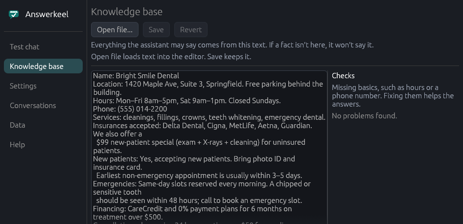 Answerkeel's knowledge base screen: a filled-in business knowledge base on the left, and a Checks panel reporting no problems on the right.