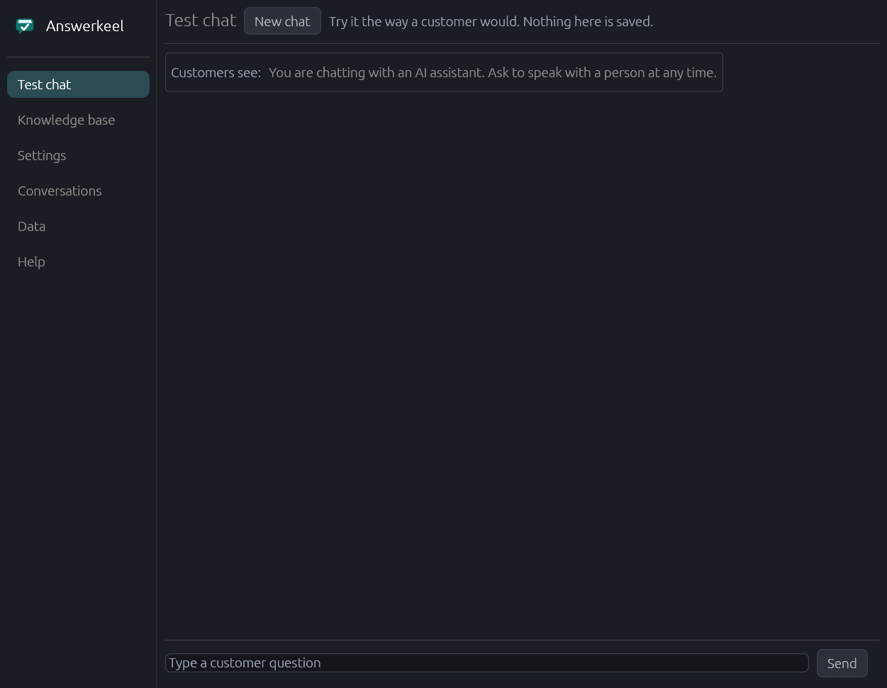 The Answerkeel test chat screen: a left-hand menu with Test chat, Knowledge base, Settings, Conversations, Data and Help, and a note that test chats are not saved.