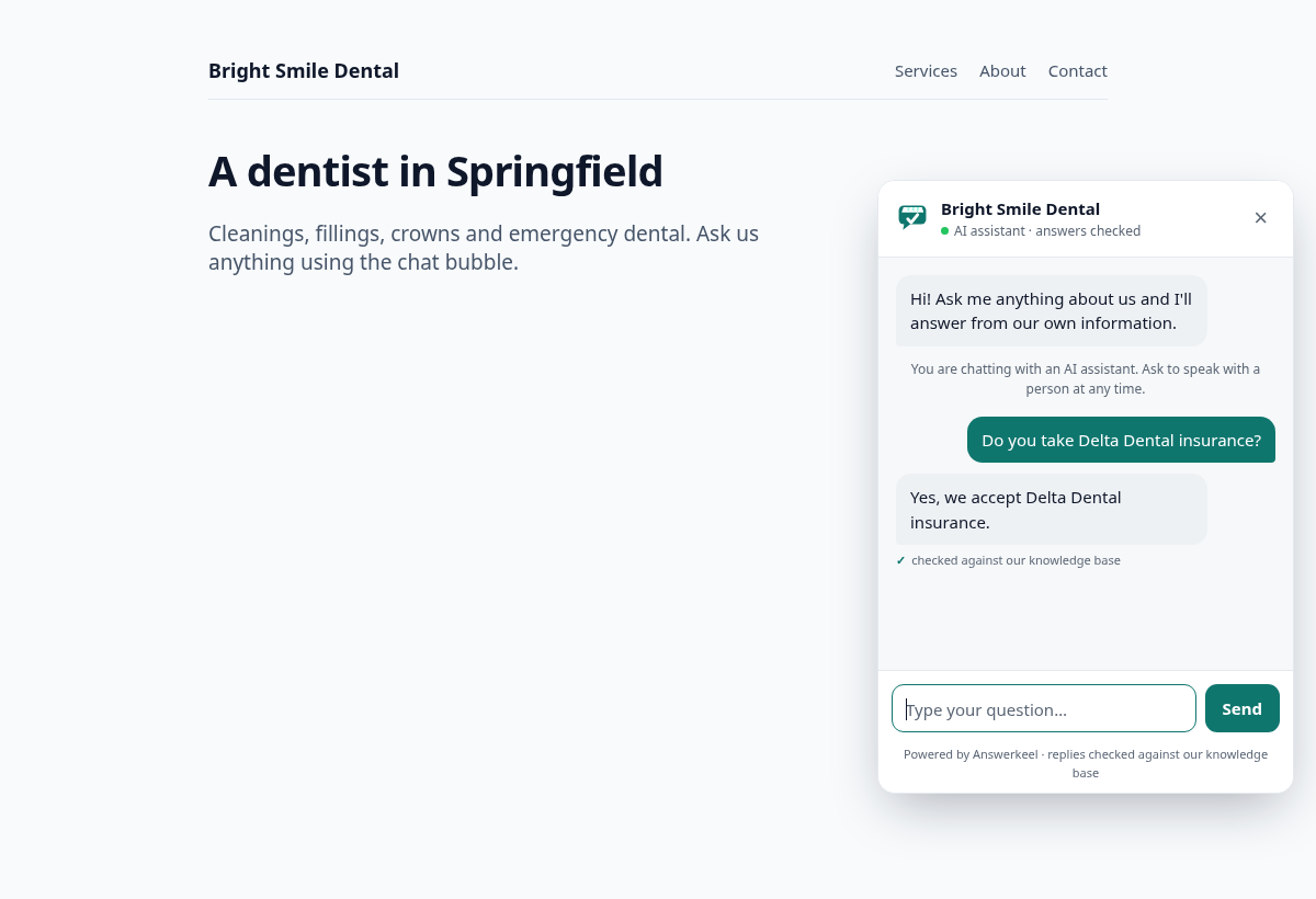 The Answerkeel chat widget open on a sample dentist's website: a customer question, the answer, and a 'checked against our knowledge base' badge.
